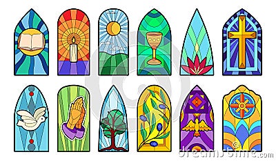 Stained glass vector cartoon icon set . Collection vector illustration window church on white background. Isolated Vector Illustration