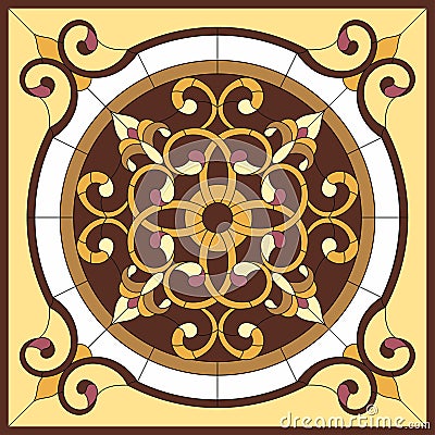 Stained glass window. Abstract Flower in square frame, geometric, window on the ceiling in square frame, symmetric composition, ve Vector Illustration