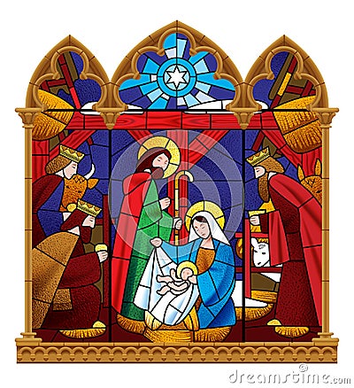 Stained glass window depicting Christmas scene in gothic frame i Vector Illustration