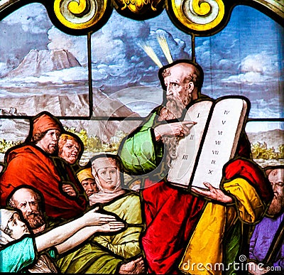 Moses and the Stone Tablets - Stained Glass Stock Photo