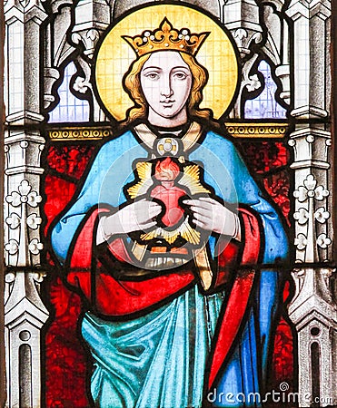 Stained Glass - Mother Mary and the Sacred Heart Editorial Stock Photo