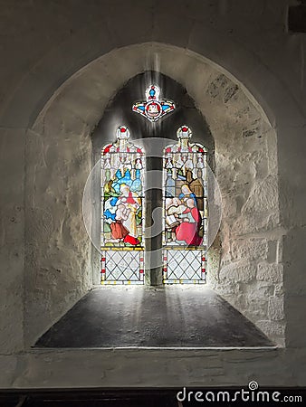 Stained Glass Window inside st Materiana's Church in Tintagel Editorial Stock Photo