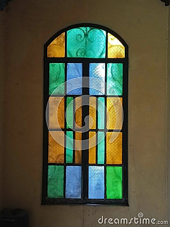 Stained glass window installed at the home interior Stock Photo