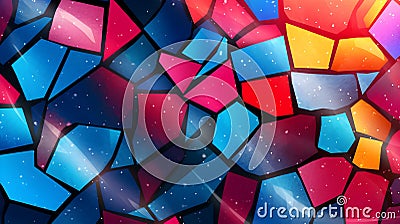 Stained glass window made up of various irregular, colorful shapes arranged to create an abstract yet harmonious image. Stock Photo