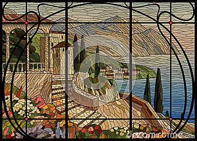 Stained glass window Mediterranean landscape. Painting the Italian coast. Black lattice frame in Art Nouveau style Vector Illustration