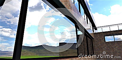 Stained glass window of a modern low-rise office made of natural brown bricks. Reflection of a mountain ecologically clean Stock Photo