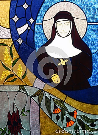 Stained Glass Window, Nun Figure Stock Photo