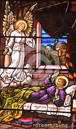 Stained glass window of Saint Joseph Oratory of Mount Royal Crypt Editorial Stock Photo
