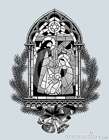 Stained glass window of the scene of the birth of Jesus Christ in a classic Gothic frame framed by spruce branches with bells Vector Illustration