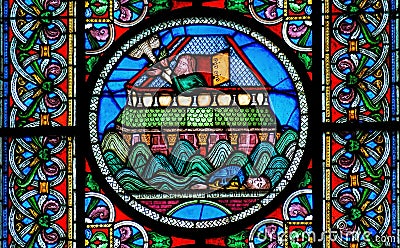 Stained glass window depicting Noahs Ark on the water Stock Photo