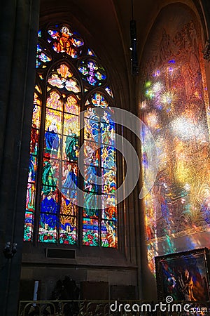 Stained glass window in St Vitus Cathedral Stock Photo