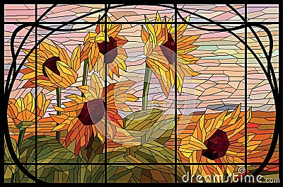 Stained glass window sunflowers in a frame. Autumn evening in the field. Warm pink and yellow color shades Vector Illustration