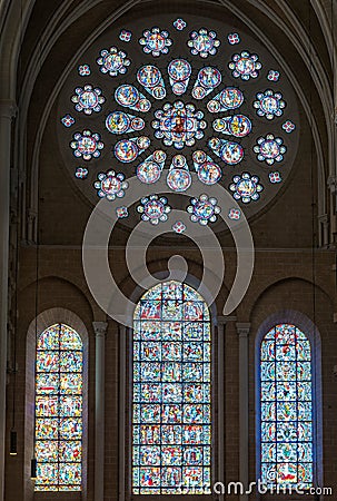 Stained-glass windows in Chartres Cathedral Editorial Stock Photo