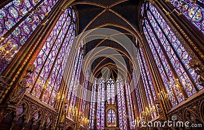 Stained glass windows inside the Sainte Chapelle in Paris, France. Editorial Stock Photo