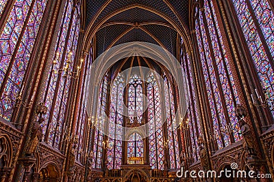 Stained glass windows inside the Sainte Chapelle a royal Medieval chapel in Paris, France Editorial Stock Photo