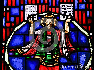 Stained Glass in Worms - Moses and the Ten Commandments Stock Photo