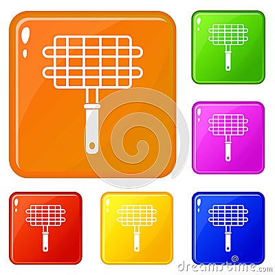 Stainless barbecue grill camping basket icons set vector color Vector Illustration