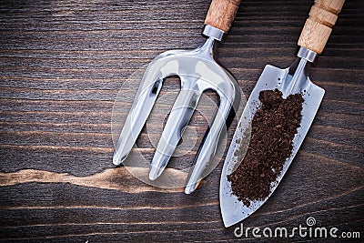 Stainless hand spade with soil and trowel fork on Stock Photo