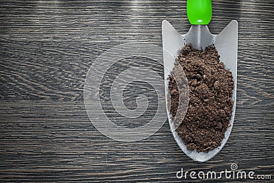 Stainless hand spade soil on wooden board Stock Photo