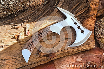 Axe throwing with paracord handle for woodman, buschcraft and wilderness life in the jungle and woods Vector Illustration