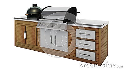 Stainless steel barbecue with grill on the wooden table Stock Photo