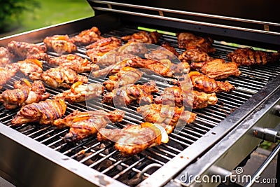 stainless steel bbq grill with barbecuing chicken wings Stock Photo