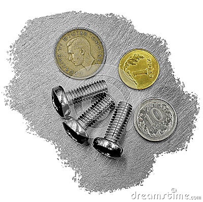 Stainless steel bolts arranged on steel background close up top view Stock Photo