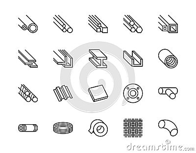 Stainless steel flat line icons set. Metal sheet, coil, strip, pipe, armature vector illustrations. Outline signs for Vector Illustration