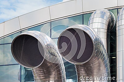 Stainless steel pipes. Air exchange ducts, underground construct Stock Photo