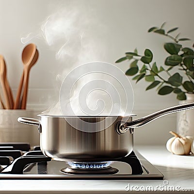 A stainless steel pot with the lid open is warmed on a gas stove Stock Photo