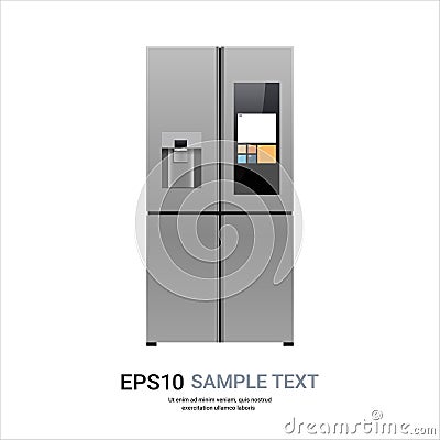 Stainless steel refrigerator with display side by side fridge freezer home appliance concept Vector Illustration