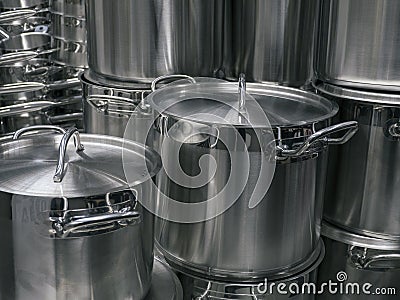 Stainless steel saucepans Stock Photo