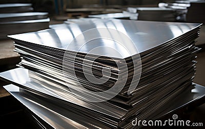 Stainless Steel Sheets Stacked Up. AI Stock Photo