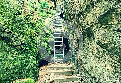 Stainless twisted rope anchored in rocky wall Stock Photo