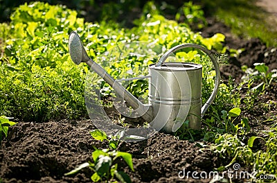 Stainless watering can on garden bed with growing lettuce Stock Photo