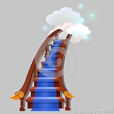 Stair with blue carpet leading into the clouds with shining stars isolated on gray background. Sketch for greeting card Vector Illustration