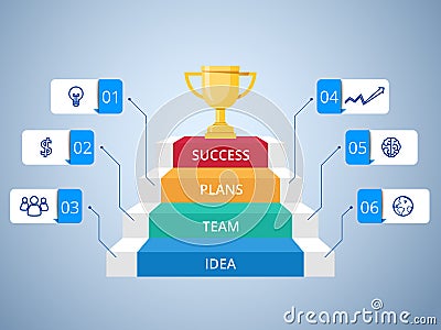 Stair step to Trophy and success infographics template with icons and elements. Staircase to success Vector Illustration