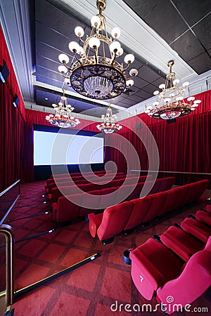 Staircase, baffle and seats in cinema hall Stock Photo