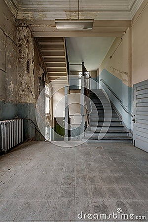 Staircase with Blue and Cream Petina - Abandoned Theater Stock Photo