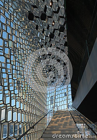 Harpa Concert Hall staircase and ceiling in Reykjavik Editorial Stock Photo