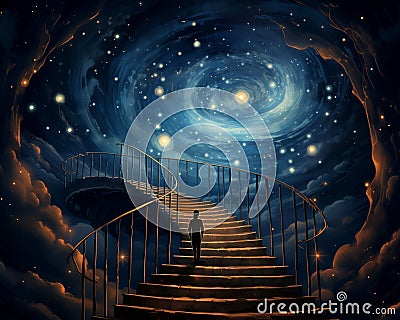 Staircase leading to a surreal starry cosmos. Surreal, dreamlike art style Stock Photo