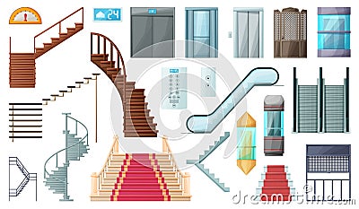 Staircase and lift vector cartoon set icon.Vector illustration stair and escalator.Isolated cartoon icon wooden of metal Vector Illustration