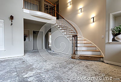 Staircase lights and floor being remodeled with red oak wood Stock Photo