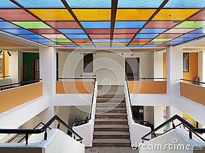 Staircase multicolor glass on the roof building entrance architect Stock Photo