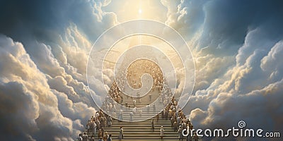 Staircase to heaven: a crowd of people moves forward, aiming for the heights, creating an impressive image of ascent Stock Photo