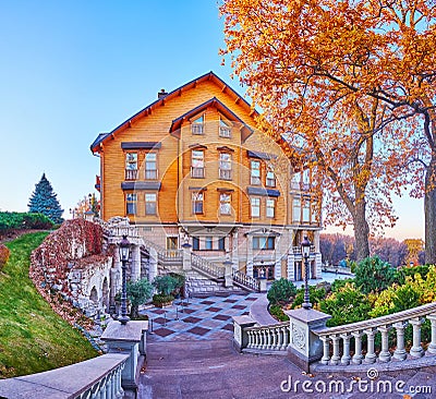 The staircase to the Honka Club House, on Oct 26 in Mezhyhirya, Ukraine Editorial Stock Photo