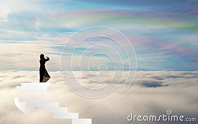 Girl Silhouette on stairs above the clouds rainbow sky straiway to heaven Vector Illustration