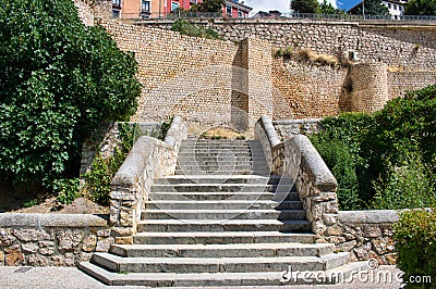 Stairs and bridge over the Huecar river with the walls of Cuenca dating from the 10th and 11th century Muslim era Stock Photo