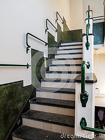 Stairs in Building A of former radio transmission station Radio Kootwijk, Veluwe, Apeldoorn, Netherlands Editorial Stock Photo