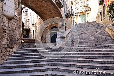 Stairs of the climb of Sant Domench and Agullana Palace, Girona, Catalonia, Spain Stock Photo